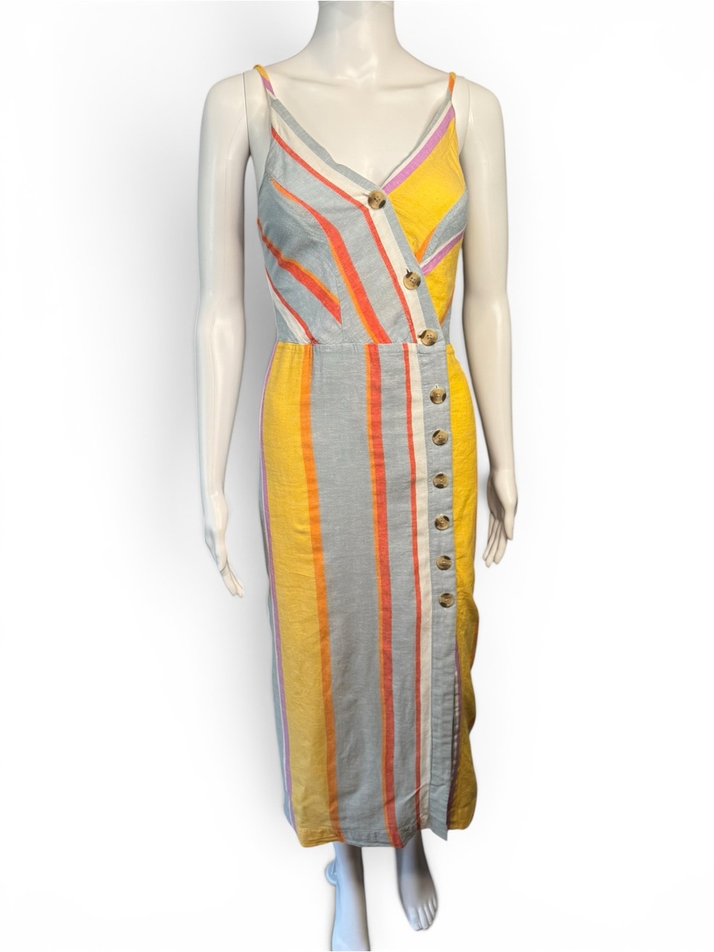 Sandy & Sid Linen-Blend Striped Button-Front Midi Dress Size M